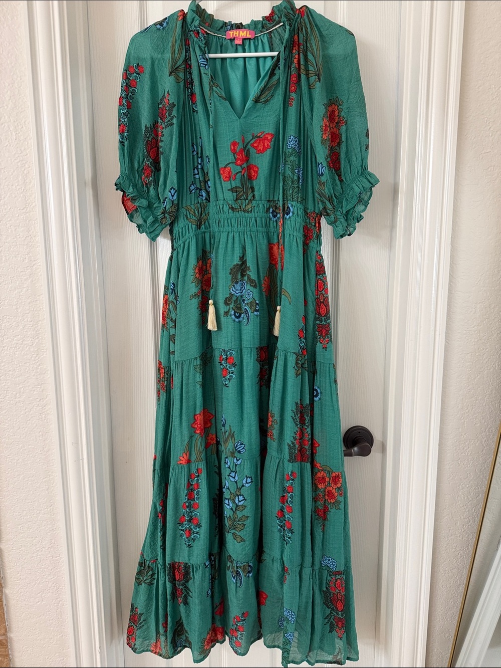 THML Green Floral Tiered Maxi Dress with Red & Blue